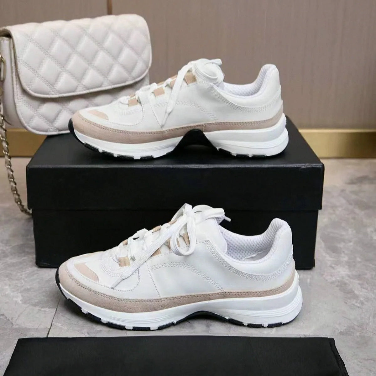 White Beige Color Block Sneakers Suede Patchwork Lace‑Up Thick Sole Casual Walking Shoes