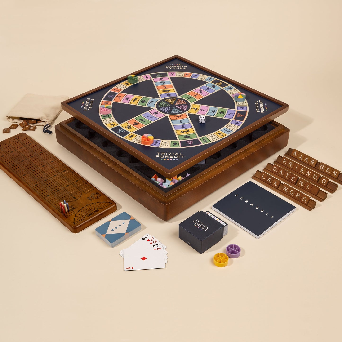 3-in-1 Premium Game Collection: Scrabble, Trivial Pursuit & Cribbage