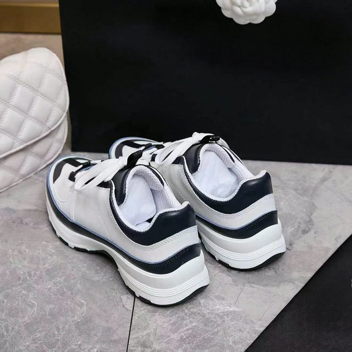 White Navy Color Block Sneakers Faux Leather Patchwork Lace‑Up Thick Sole Casual Walking Shoes