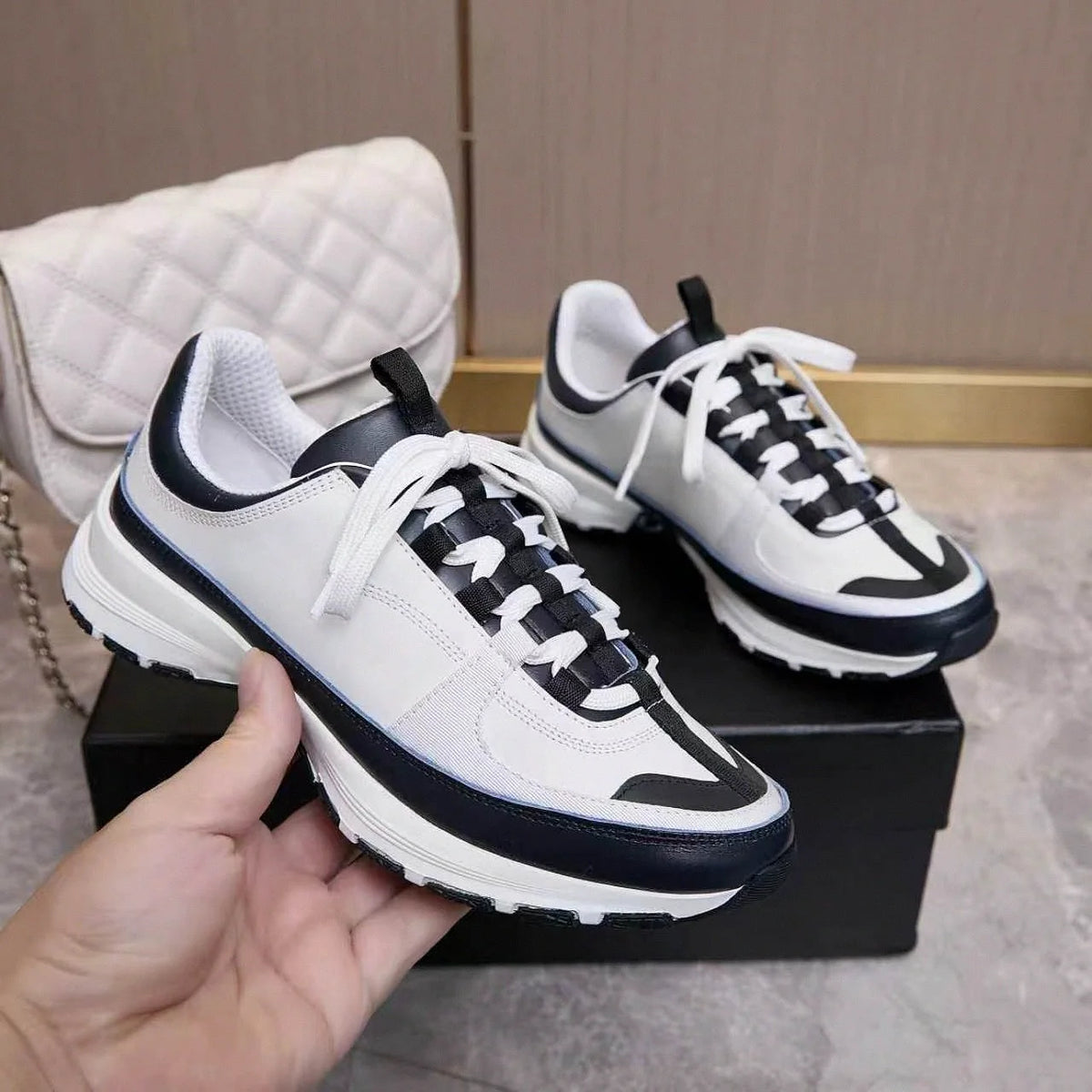 White Navy Color Block Sneakers Faux Leather Patchwork Lace‑Up Thick Sole Casual Walking Shoes