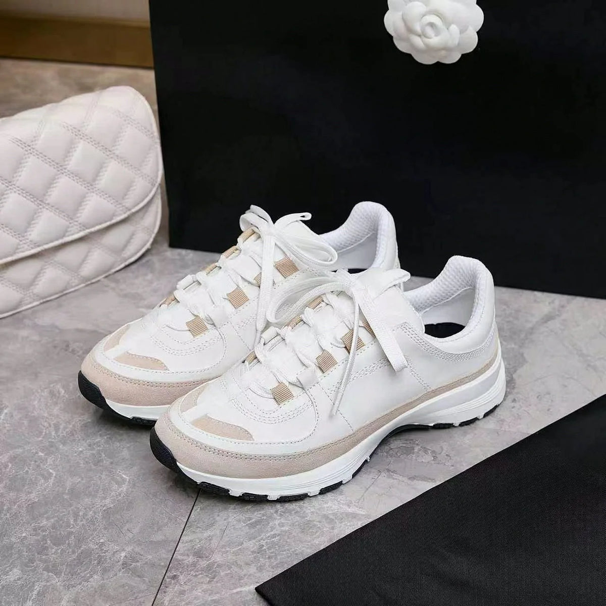 White Beige Color Block Sneakers Suede Patchwork Lace‑Up Thick Sole Casual Walking Shoes
