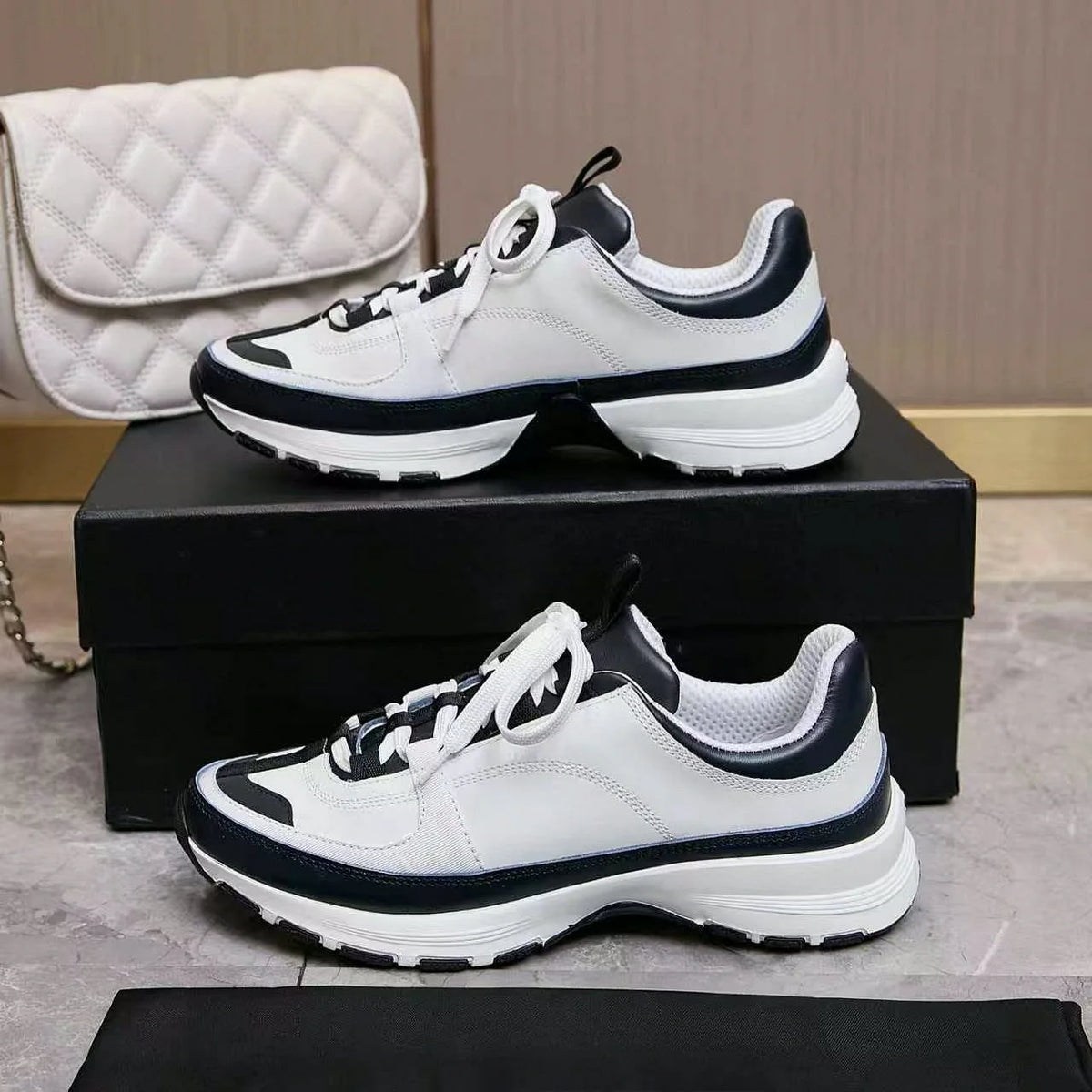 White Navy Color Block Sneakers Faux Leather Patchwork Lace‑Up Thick Sole Casual Walking Shoes