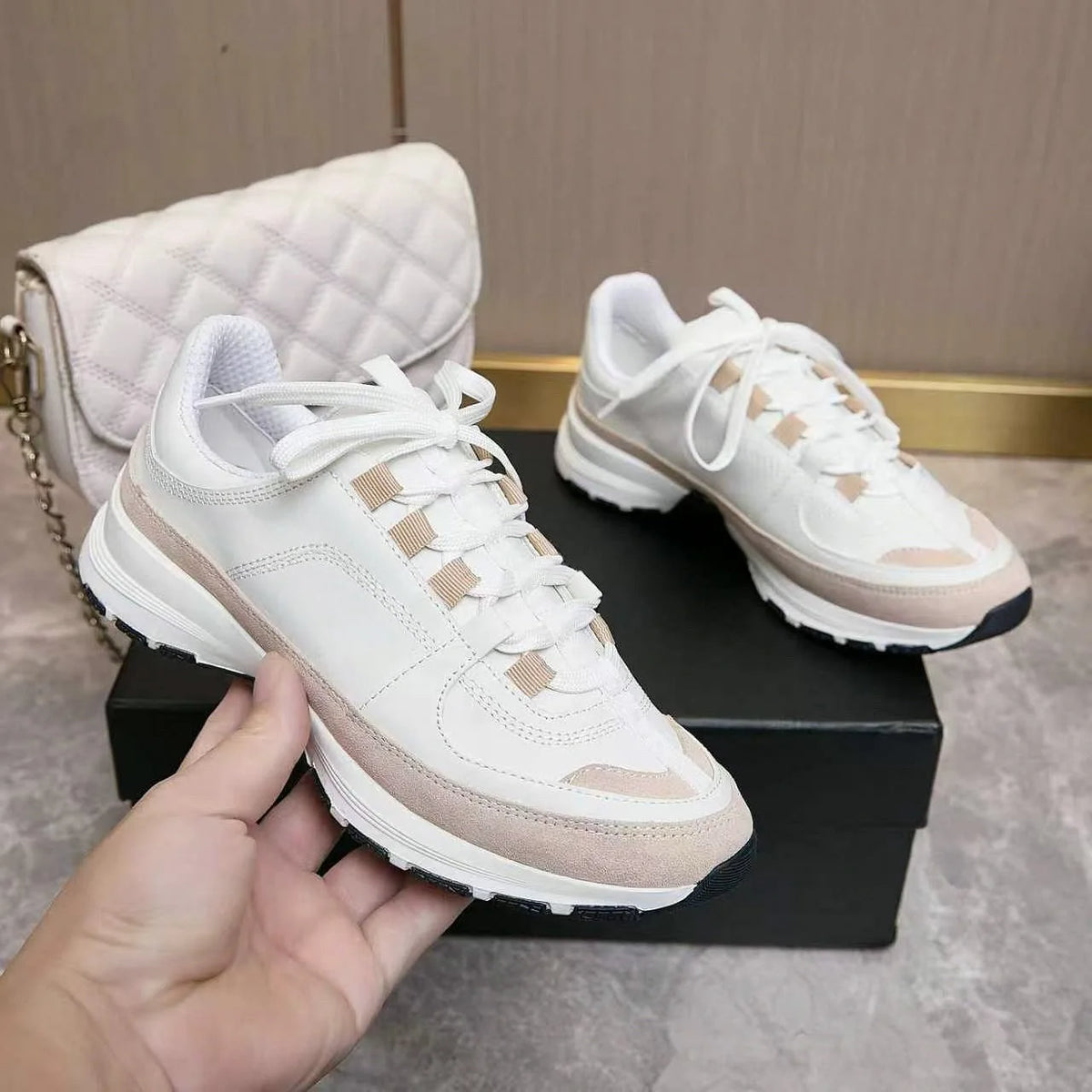 White Beige Color Block Sneakers Suede Patchwork Lace‑Up Thick Sole Casual Walking Shoes