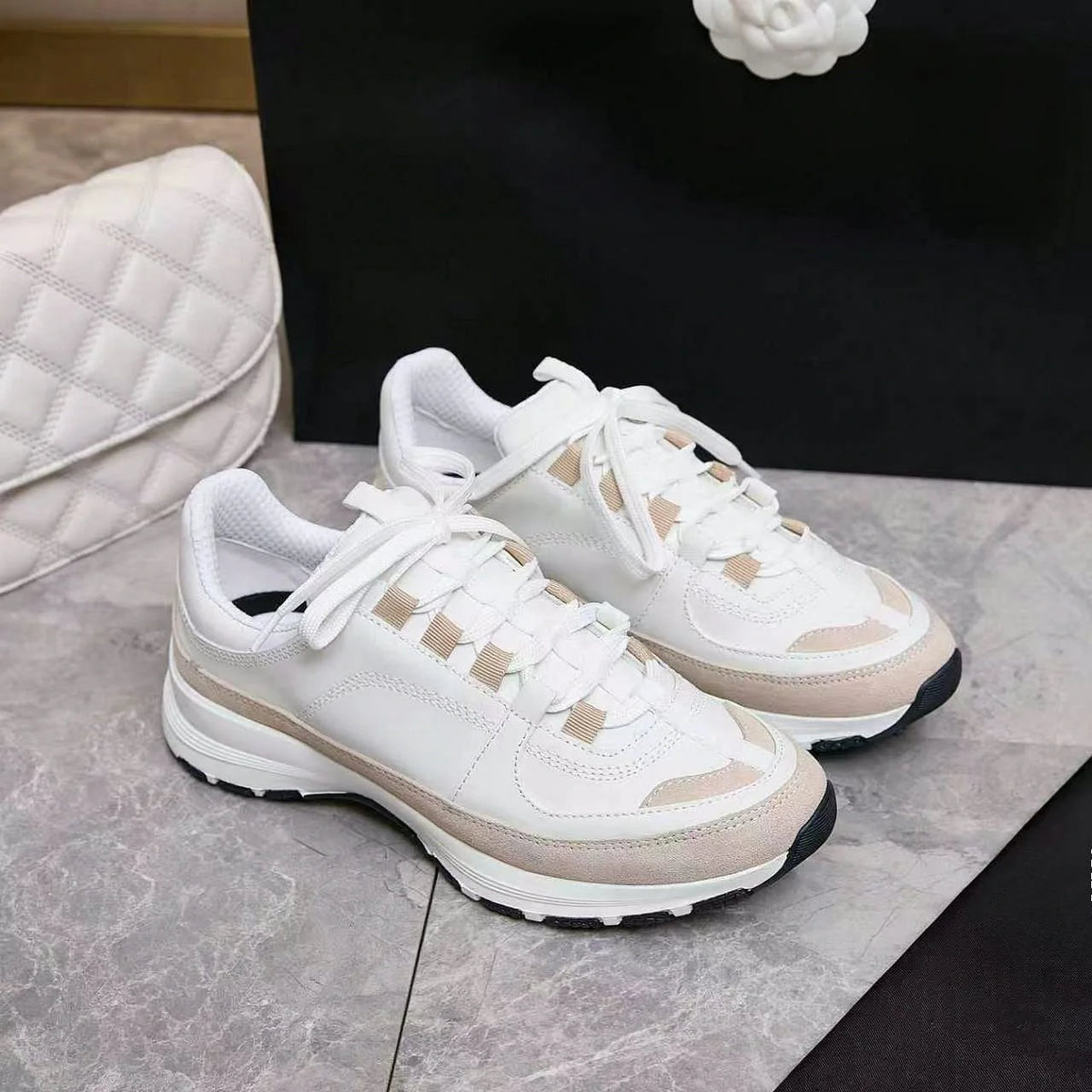 White Beige Color Block Sneakers Suede Patchwork Lace‑Up Thick Sole Casual Walking Shoes