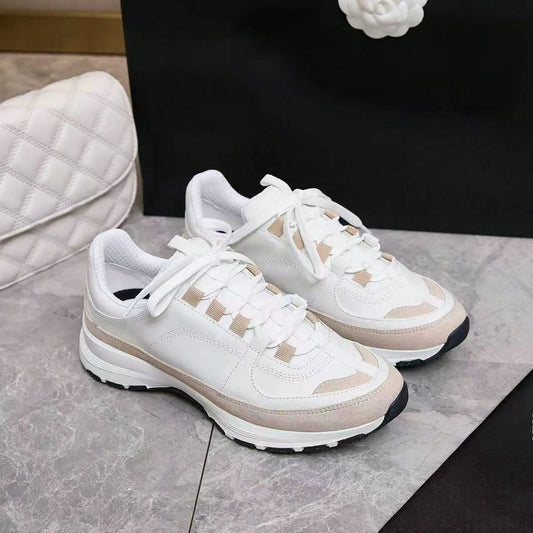 White Beige Color Block Sneakers Suede Patchwork Lace‑Up Thick Sole Casual Walking Shoes