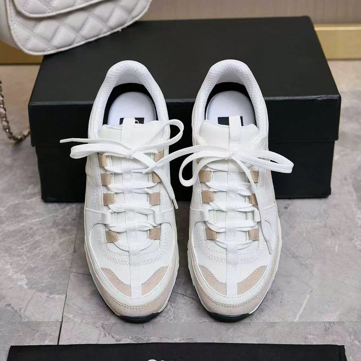 White Beige Color Block Sneakers Suede Patchwork Lace‑Up Thick Sole Casual Walking Shoes