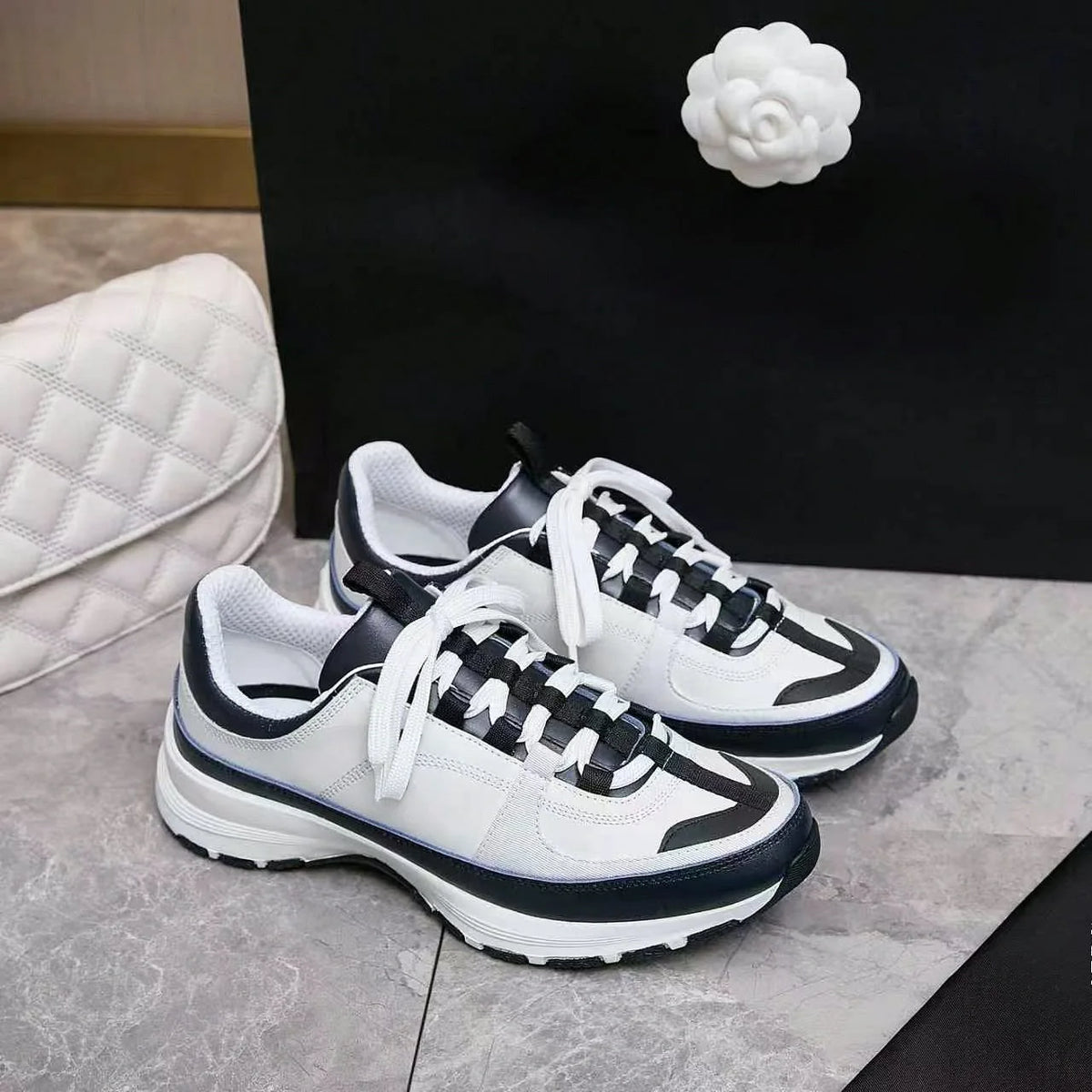 White Navy Color Block Sneakers Faux Leather Patchwork Lace‑Up Thick Sole Casual Walking Shoes