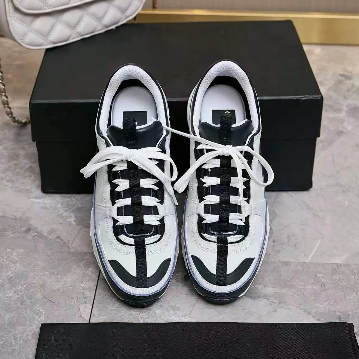 White Navy Color Block Sneakers Faux Leather Patchwork Lace‑Up Thick Sole Casual Walking Shoes